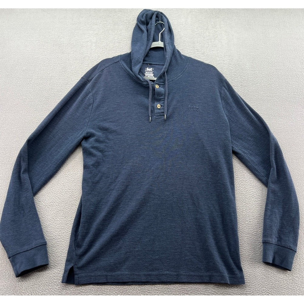 Lost Enterprises Shirt Mens M Navy Blue Waffle Knit Hooded Henley Long Sleeve
